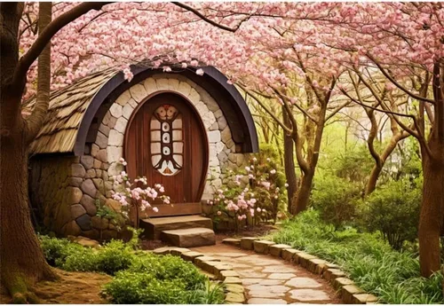 Miniatura 4 de Telón de fondo de jardín de primavera de 5 x 3 pies con flores de cerezo rosa, camino de piedra, paisaje natural, fondo de fotografía para viajes al