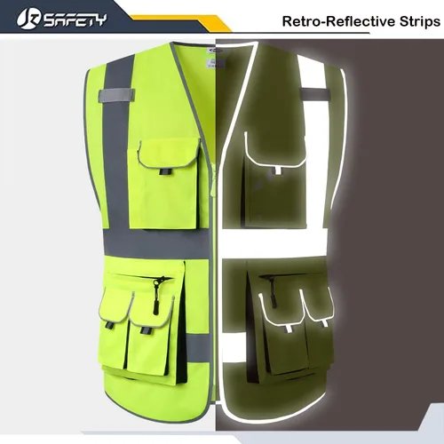 Miniatura 2 de JKSafety Chaleco de seguridad con 10 bolsillos, clase 2, de alta visibilidad, con cremallera frontal amarilla, con tiras reflectantes, cumple