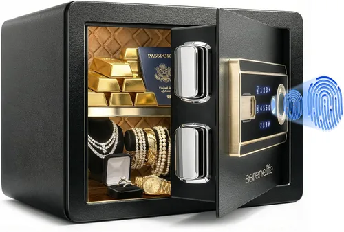 SereneLife Caja de seguridad con huella digital de 0.63 pies cúbicos | Acceso electrónico con huella digital, caja de seguridad para dinero, armas