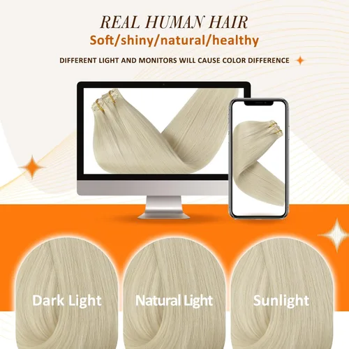 Miniatura 7 de Full Shine Extensiones de cabello humano con pinzas, cabello humano Remy invisible para mujer, color rubio platino, 20 pulgadas, 8 unidades, 4.23 oz