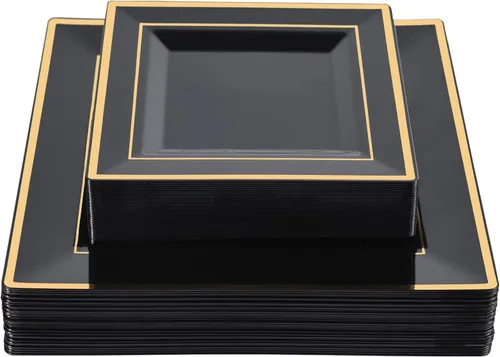 N9R Paquete de 60 platos cuadrados negros de plástico con borde dorado, incluye 30 platos llanos desechables de 9.5 pulgadas y 30 platos de postre