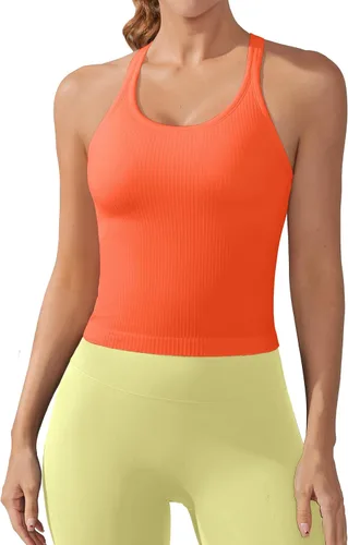 Miniatura 26 de ATTRACO Camiseta corta acanalada de entrenamiento para mujer con brasier integrado para yoga, espalda cruzada, ajuste ajustado