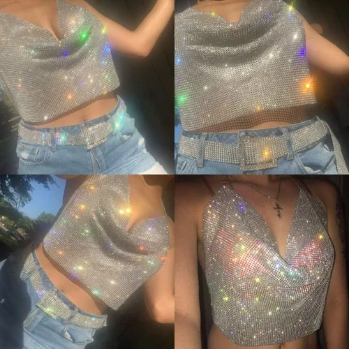 Miniatura 5 de Mujeres Sexy Brillante Rhinestone Crop Tops Cadena de Metal Halter Tank Top V Cuello Camisola para Festival Club Party Raves