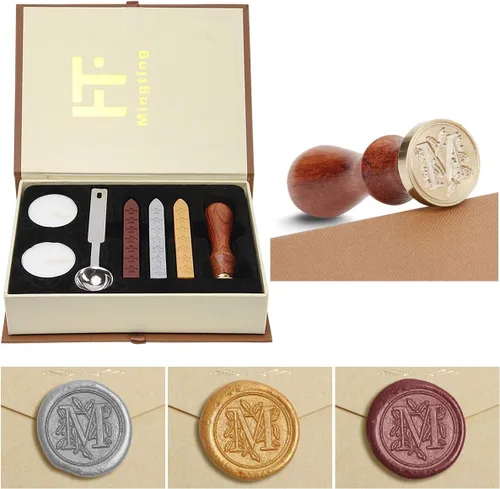 Juego de sellos de cera, Juego clásico de sellos de cera antiguo estilo antiguo con letras iniciales del alfabeto, Caja de regalo con asa de madera