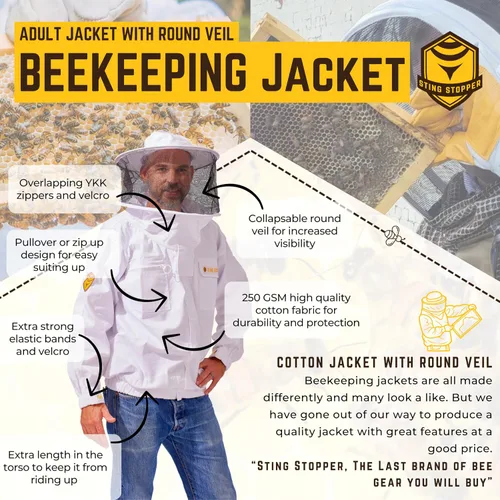 Miniatura 2 de Sting Stopper - Chaqueta de apicultura para adultos con velo redondo y sombrero para protección contra picaduras de abeja de miel con lona