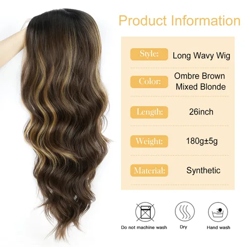 Miniatura 3 de Halcyon - Peluca sintética ondulada de 26 pulgadas, parte central natural, reflejos marrones 3-row hand-tied parting for realistic scalp