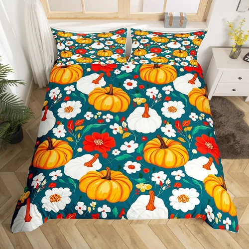 Miniatura 16 de Erosebridal Juego de funda de edredón individual de pavo de Acción de Gracias, juego de ropa de cama de calabaza y hojas de otoño para niños