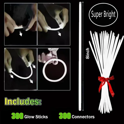 Miniatura 2 de 300 pulseras blancas de palo brillante a granel de 8 pulgadas con conectores que brillan en la oscuridad, suministros de fiesta de neón iluminados
