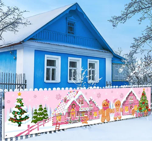Miniatura 7 de Decoración de fondo navideño de pan de jengibre - Suministros festivos rosados alegres, accesorios de fotos de Candyland para decoración de letrero