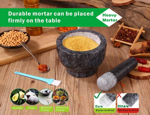 Miniatura 3 de Juego de mortero y mortero pulido de mármol natural guacamole molcajete, molinillo de especias con almohadilla de silicona, cuchara y cepillo