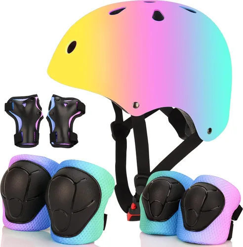 Miniatura 12 de Casco de bicicleta ajustable con gradiente de color y coderas y rodilleras - Casco para niños y niñas para patinaje, edades 3-14 Ideal