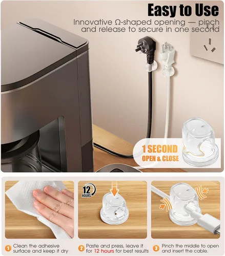 Miniatura 3 de Paquete de 8 organizadores de cables, clips giratorios en forma de Ω, organización de cables adhesivos fuertes con clavos, soporte para cables