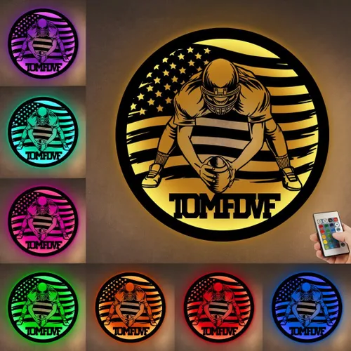 Letrero de metal personalizado para jugador de fútbol con luz LED, nombre y número personalizado, arte de pared de fútbol, letrero de neón con