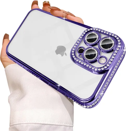 Miniatura 34 de Funda compatible con iPhone 11 Pro Max con protector de lente de cámara de diamante con purpurina, bonita funda de cristal transparente a prueba