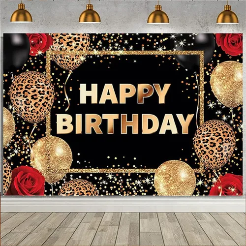Miniatura 4 de Telón de fondo de feliz cumpleaños con estampado de leopardo negro y dorado, globos de guepardo, fondo de fotografía de rosa roja, para mujeres