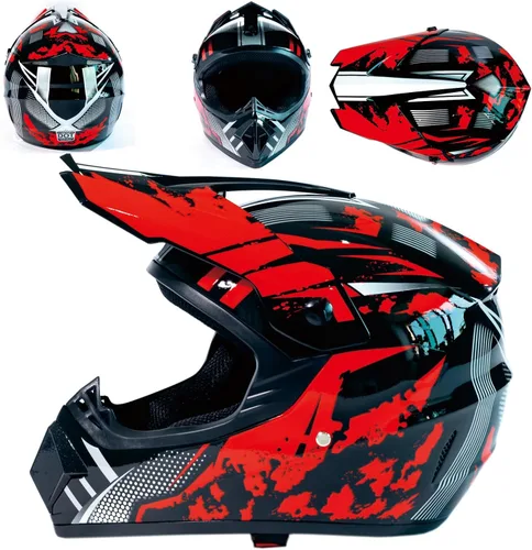 Miniatura 2 de Casco de motocross DOT Dirtbike ATV Motocicleta Bicicleta de Montaña Casco de cara completa con gafas y guantes, máscara rojo brillante Tormenta S
