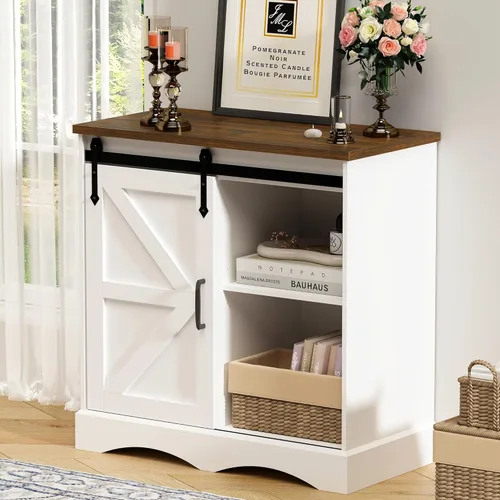 Hlivelood Gabinete de bar de café de granja, gabinete de almacenamiento de buffet blanco con puerta corrediza de granero, aparador de cocina de 31.5