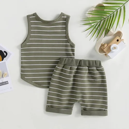 Miniatura 4 de Lucikamy Ropa de bebé niño sin mangas + pantalones cortos con estampado a rayas con bolsillos, 2 piezas de trajes de verano