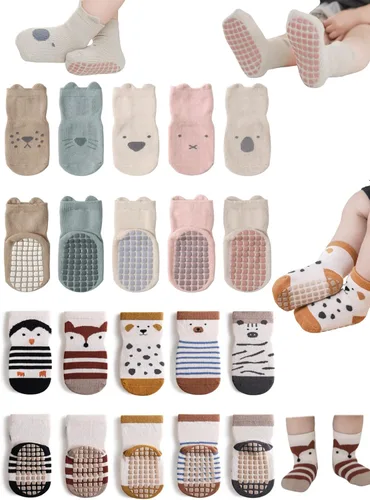 Miniatura 12 de Calcetines antideslizantes con empuñaduras para bebés, niñas y niños, calcetines de dibujos animados antideslizantes para bebés, 10 pares