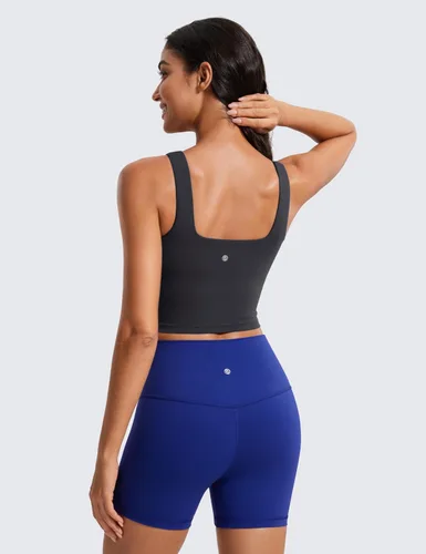 Miniatura 35 de CRZ YOGA Butterluxe Brasier deportivo de cuello cuadrado para mujer, estilo camiseta corta sin mangas, acolchado con soporte integrado para yoga