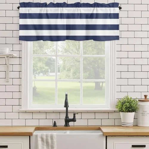 Miniatura 9 de Cortinas de cenefas a rayas blancas y azul marino para cocina, cafetería, cenefa de ventana de rayas modernas náuticas, cortinas cortas de 42 x 12