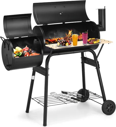 Giantex Parrilla de carbón para barbacoa con ahumador desplazado, termómetro y amortiguador ajustable, ahumador para cocinar carne, ahumador para