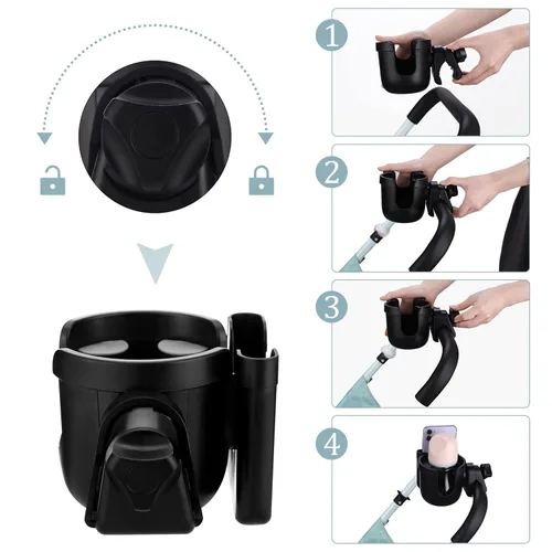 Miniatura 6 de Suranew - Portavasos universal para cochecito, portabebidas ajustable con soporte para teléfono para cochecito de bebé, silla de ruedas, andador