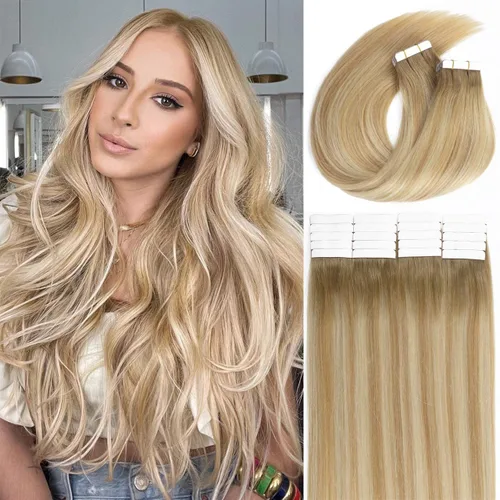 Miniatura 12 de Lacer Extensiones de cabello humano con cinta, cabello humano castaño mezclado con marrón oscuro con raíces de color marrón oscuro, invisible