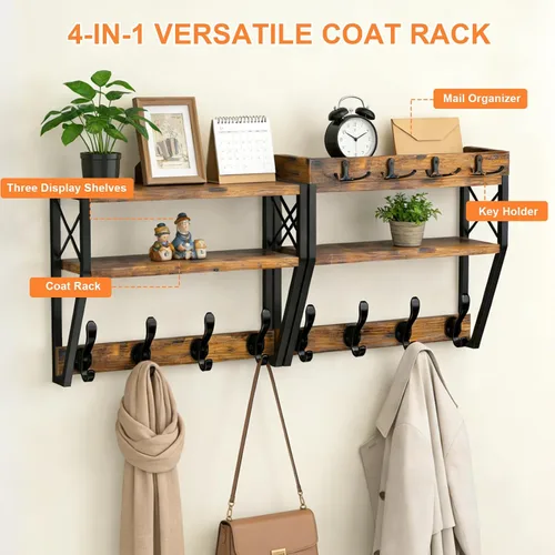 Miniatura 3 de Perchero grande mejorado de 3 niveles con estante, soporte de pared versátil 4 en 1 para colgar abrigos y llaves, estante de pared de entrada de 32