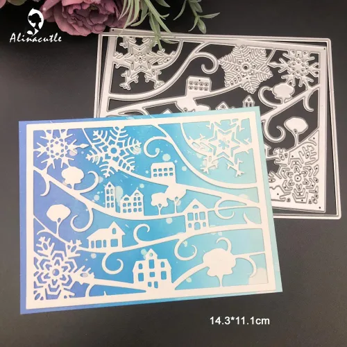 Miniatura 4 de Alinacutle Marco de fondo de aldea de nieve, troqueles de corte de metal para hacer tarjetas hechas a mano, álbum de recortes, plantilla de Marco
