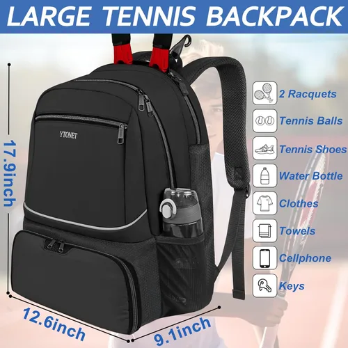 Miniatura 4 de Ytonet Tennis Bag Tennis Backpack for Women Men 2 Rackets with Insulated Pocket Ventilated Shoe Compartment Negro