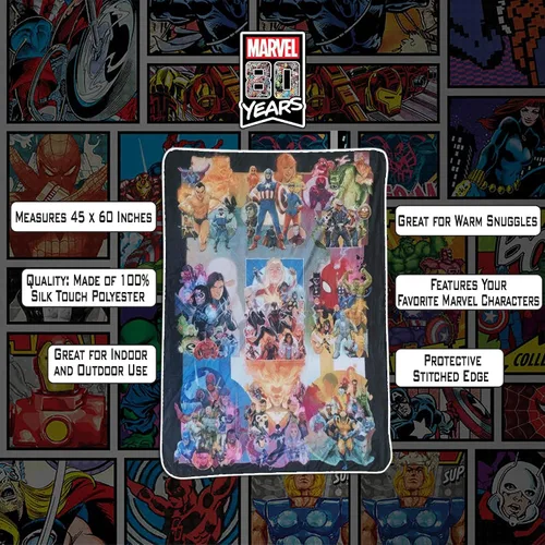 Miniatura 2 de Marvel - Manta de forro polar del 80.º aniversario – Ultrasuave y ligera, montaje clásico de cómic de Iron Man, Thor, Cap, Spidey, lavable a 80