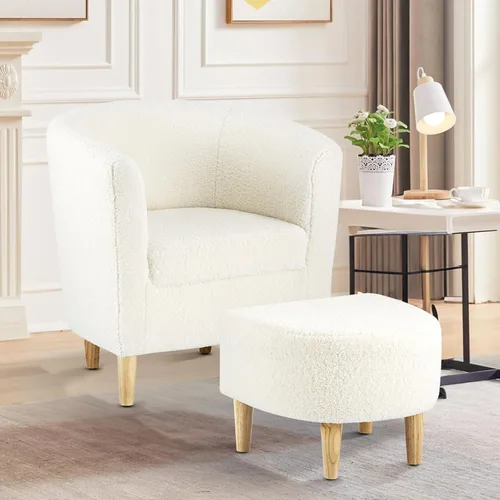 DAZONE Silla decorativa Sherpa con otomana, sillón blanco esponjoso de barril de peluche para sala de estar acogedora, sillas pequeñas y cómodas