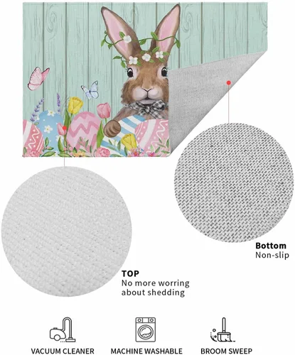 Miniatura 3 de Tapete para puerta delantera, conejo de Pascua, flores de granja de primavera en madera verde azulado, tapete antideslizante y absorbente