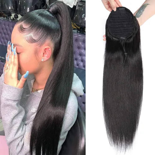 Miniatura 18 de Extensiones de pelo rizado con cordón para cola de caballo, extensiones de cabello humano para mujer con dos clips 1B# 120g/set (71cm)