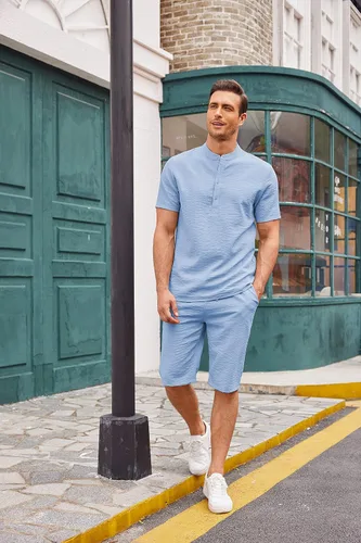 Miniatura 7 de COOFANDY Conjunto de 2 piezas de lino para hombre, camisas Henley casuales de manga corta, pantalones cortos de yoga para playa, pantalones cortos