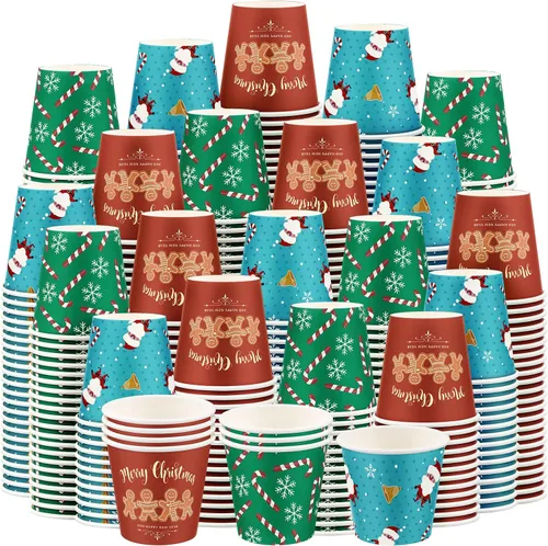 Cunhill Paquete de 600 vasos de papel de Navidad de 3 onzas, pequeños vasos desechables para baño con diseño de copos de nieve de Papá Noel y pan de