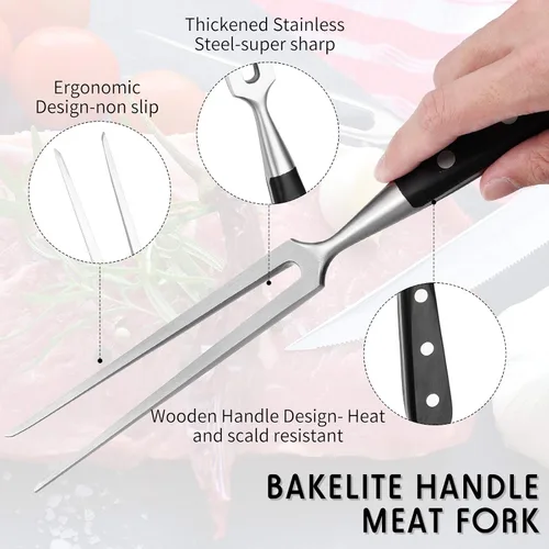 Miniatura 3 de CHENGU 2 tenedores para tallar carne de 12 pulgadas de acero inoxidable para servir cocinar con mango de madera, parrilla clásica con mango de ABS