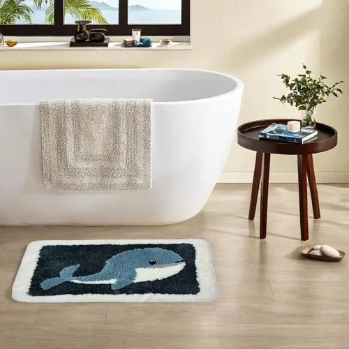 Miniatura 4 de Alfombra de baño de microfibra con diseño de ballena, alfombra de baño para niños, decoración náutica con peces y océano, antideslizante, suave