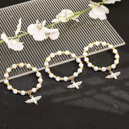 Miniatura 3 de MTLEE 30 pulseras de rosario con cruz de ala de ángel, dijes de cruz con alas de ángel, pulseras de cuentas de bautismo de acrílico para mujeres