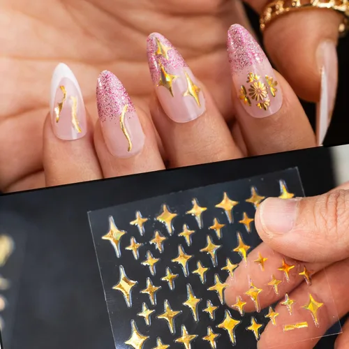 Miniatura 6 de 30 hojas de calcomanías de arte de uñas doradas, autoadhesivas 3D, calcomanías de diseño de uñas, gotas de agua, línea de flores, estrellas