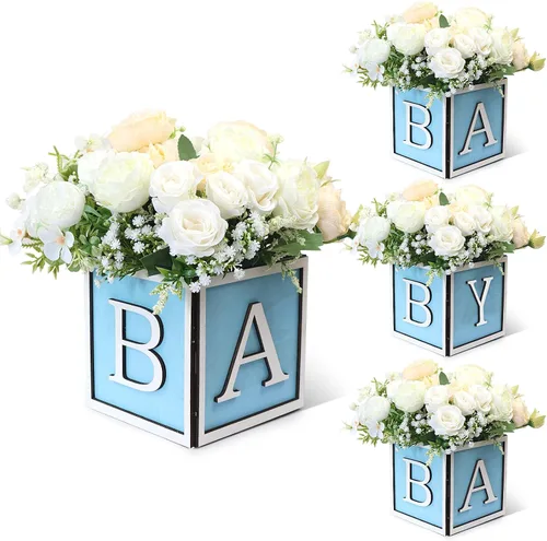 Miniatura 12 de Juego de 4 centros de mesa de baby shower para mesas, cajas de madera de 6 pulgadas con letras de bebé, cubos rústicos, bloques de madera para Rosa