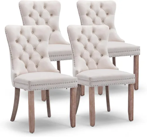Miniatura 148 de Juego de 4 sillas de comedor de terciopelo, sillas de comedor tapizadas con ribete de cabeza de clavo y patas de madera maciza para cocina