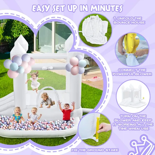Miniatura 5 de FINCOME Casa inflable de rebote blanca, castillo inflable con doble tobogán de bolas de 370 W para niños pequeños, castillo inflable para interiores