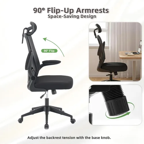 Miniatura 4 de Silla de oficina ergonómica con reposacabezas, silla de escritorio de malla con respaldo alto, soporte lumbar ajustable, silla giratoria
