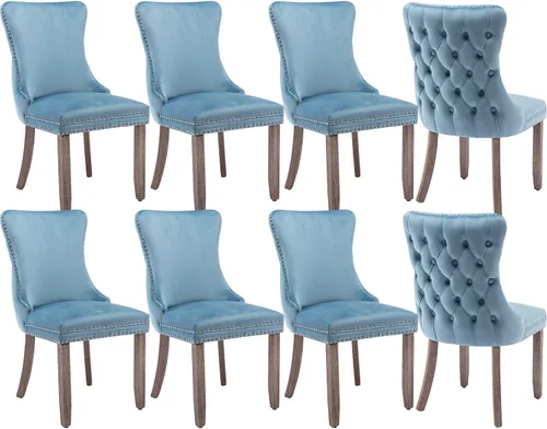 Miniatura 28 de Juego de 4 sillas de comedor de terciopelo, sillas de comedor tapizadas con respaldo de alas altas con ribete de cabeza de clavo, patas de madera