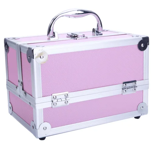 Estuche de tren de maquillaje portátil profesional, estuche de aluminio para maquillaje, joyero, organizador de almacenamiento de cosméticos con Rosa