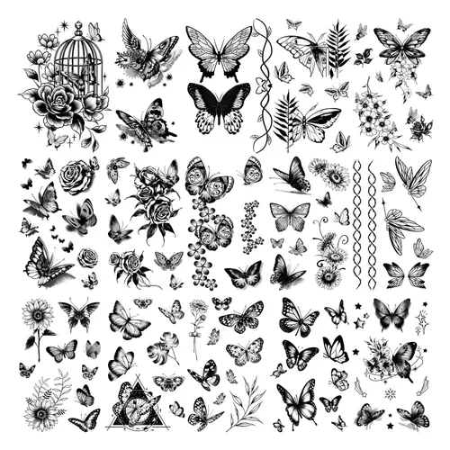 Cerlaza 20 hojas de tatuajes temporales de mariposa negra para mujeres adultas, 120 estilos de mariposas pequeñas, tatuajes falsos impermeables, de