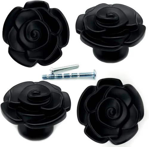 4 pomos antiguos de color negro y rosa, diseño de flores retro de mediados de siglo, tiradores de gabinete, metal resistente, color rosa y pomo para