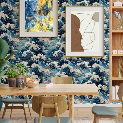 Miniatura 2 de Vinatge Janpanese - Papel tapiz autoadhesivo con mosaico azul y amarillo de olas marinas, para gabinetes de cocina, apto para inquilinos, 14.5 pies